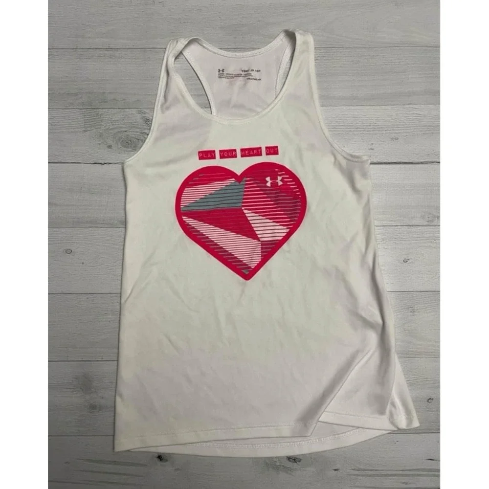 Under Armour girls white tank top pink heart play your heart out‎ youth small
